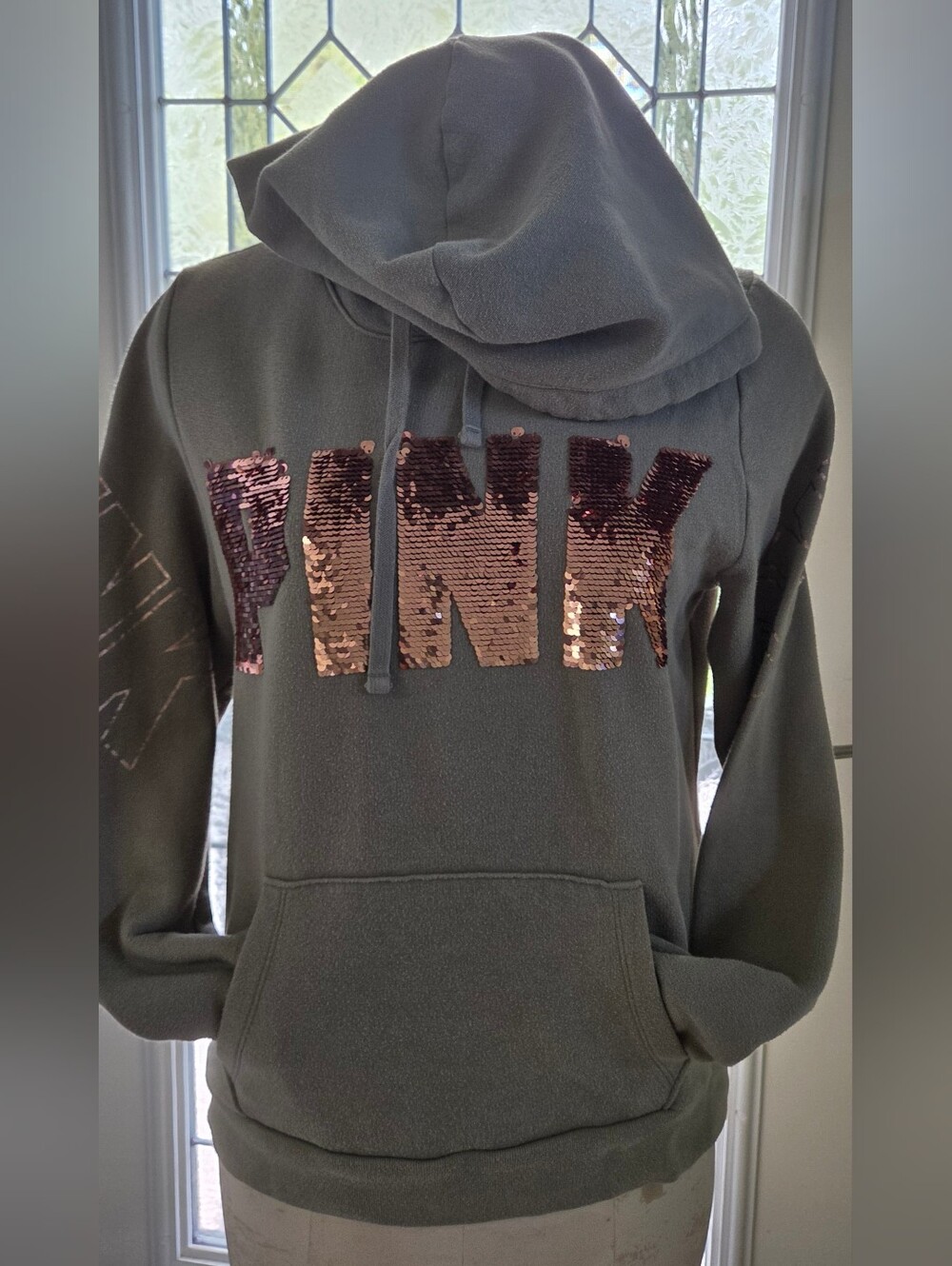 PINK Victoria's Secret Sequin Logo Olive Green Hoodie Sweater